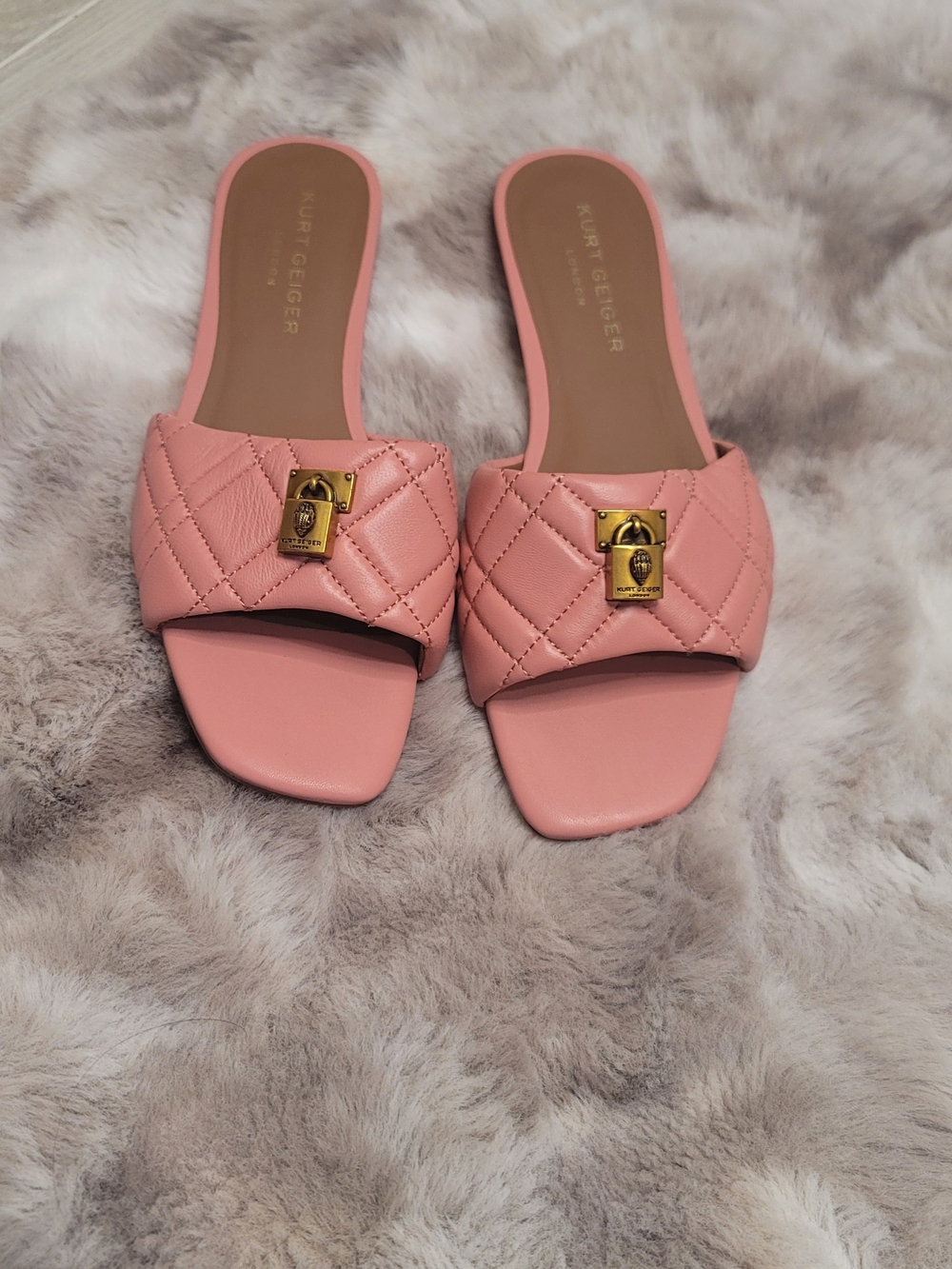 Kurt Geiger Pink Quilted Slide Sandals with Gold Hardware